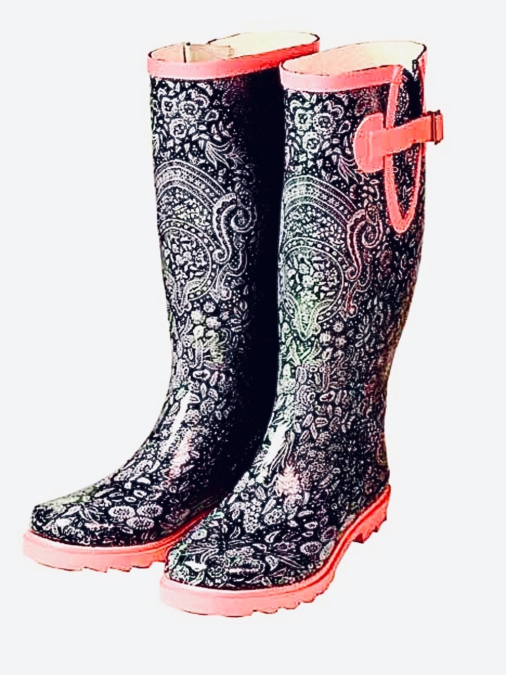 CAPELLI NY Vintage Y2K Boho Black Pink Floral Paisley Wellies Tall Rain Boots 7